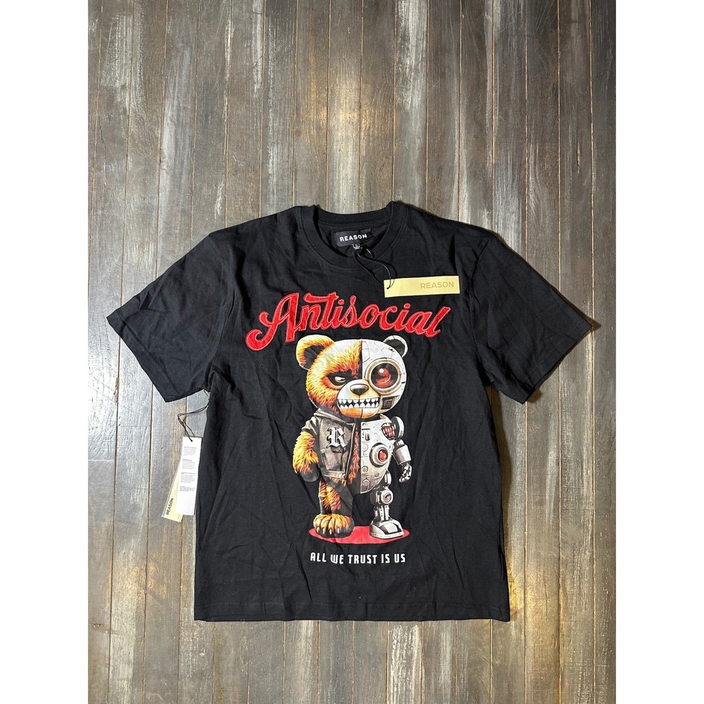 Reason Mens‎ Antisocial Cyborg Bear Graphic T-Shirt Black Streetwear Tee